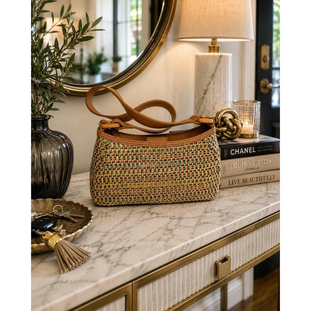 Vintage Fossil Woven Straw Leather Shoulder Bag | Multicolor Summer Boho Purse